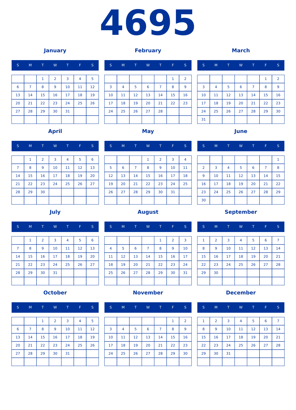 Printable 4695 Year Calendars smalt