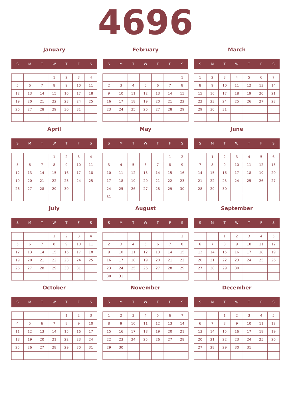 Printable 4696 Year Calendars cordovan