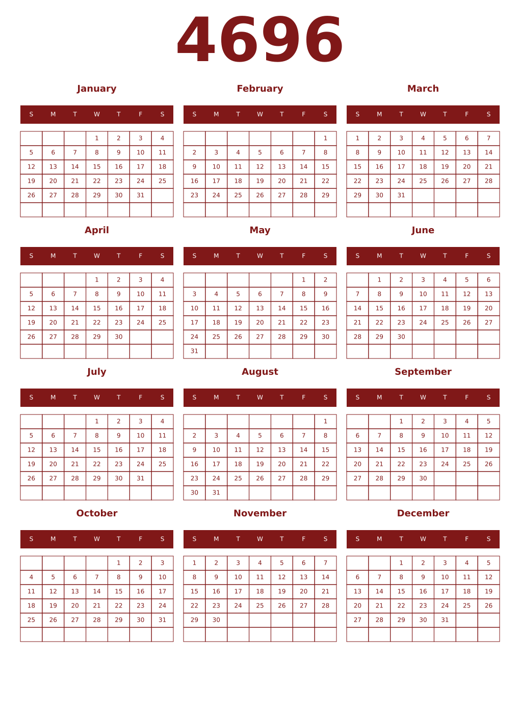 Printable 4696 Year Calendars falu