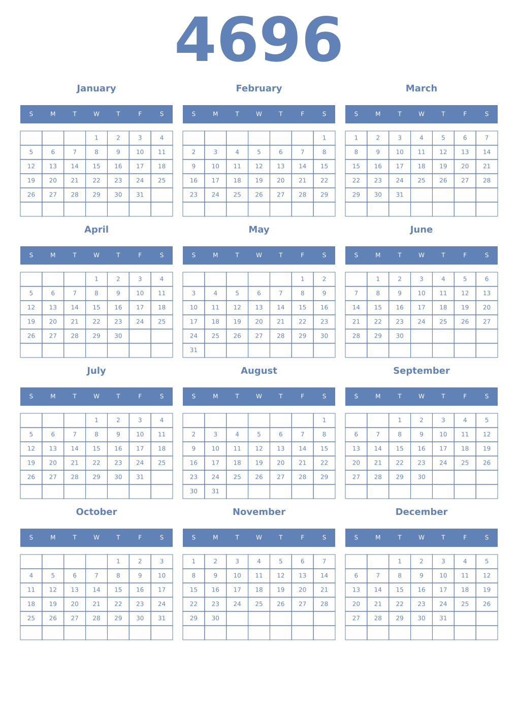 Printable 4696 Year Calendars glaucous