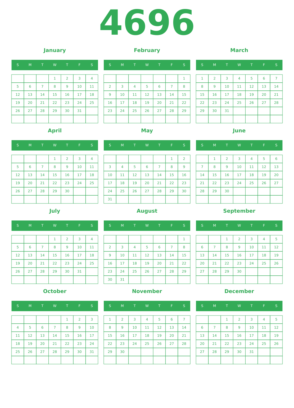 Printable 4696 Year Calendars green