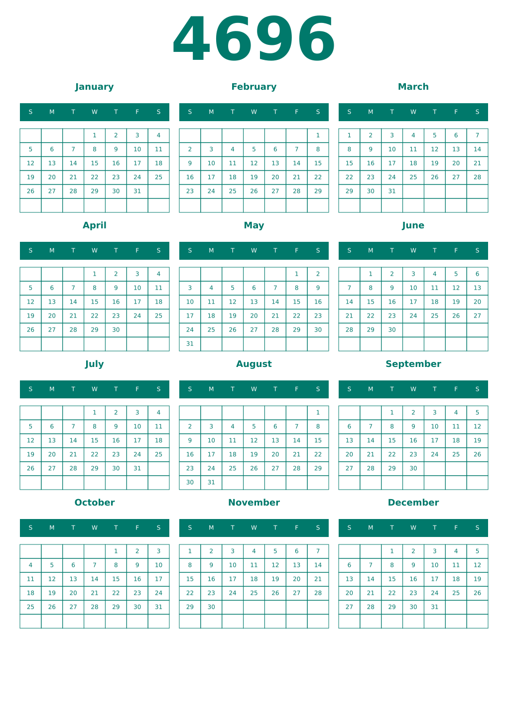 Printable 4696 Year Calendars pastel