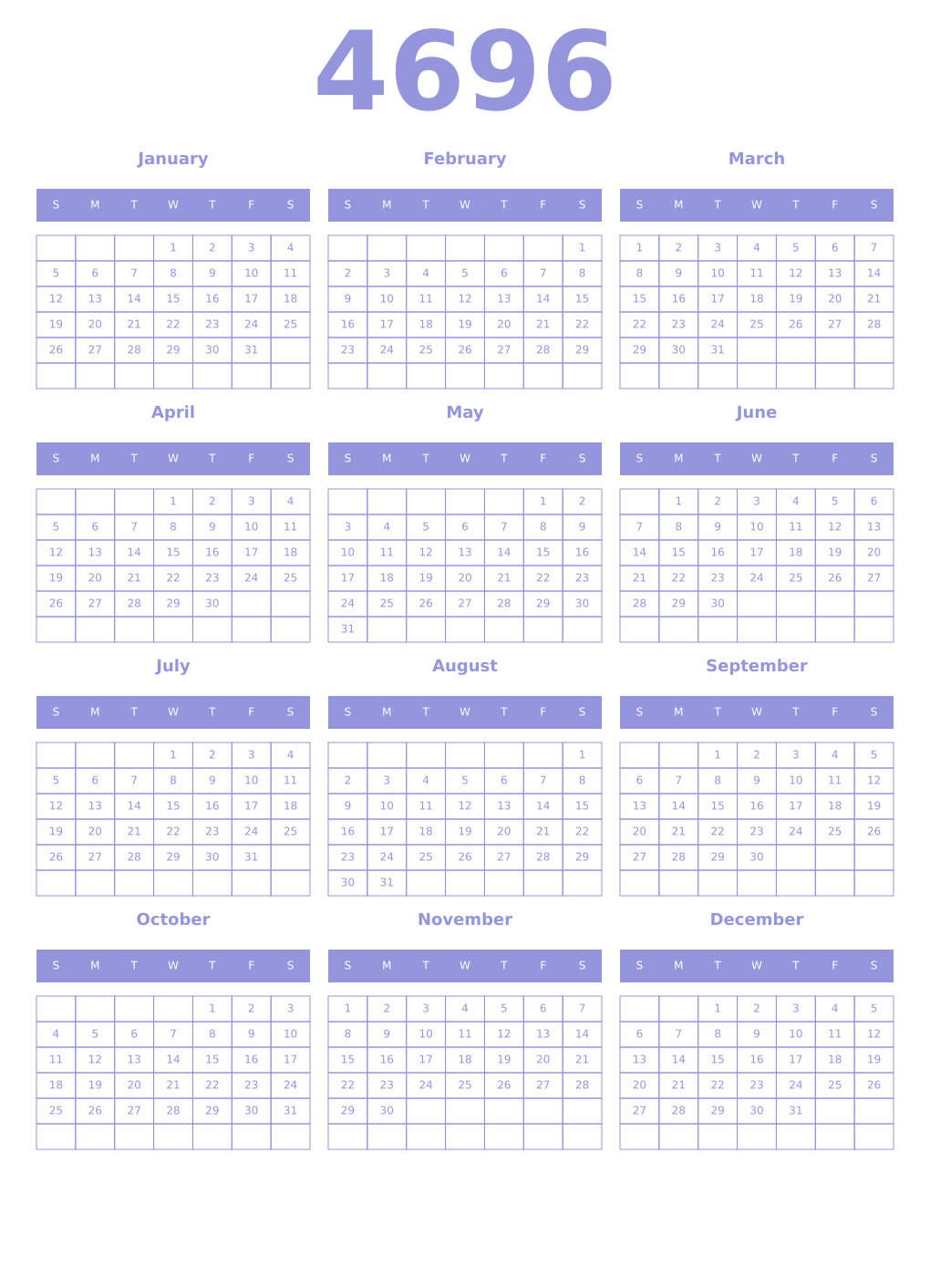 Printable 4696 Year Calendars periwinkle