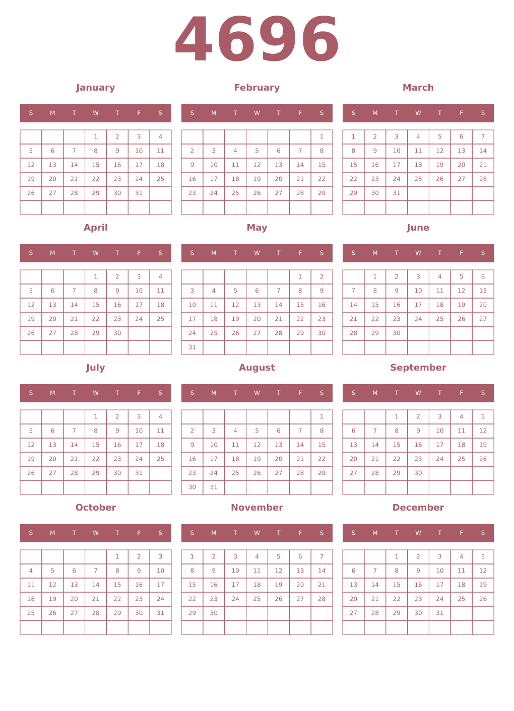 Printable 4696 Year Calendars puce