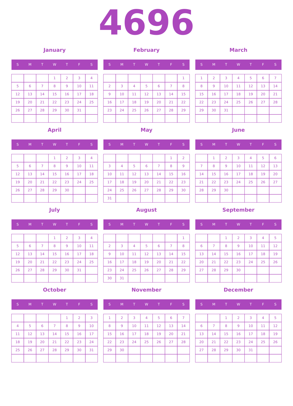 Printable 4696 Year Calendars purple
