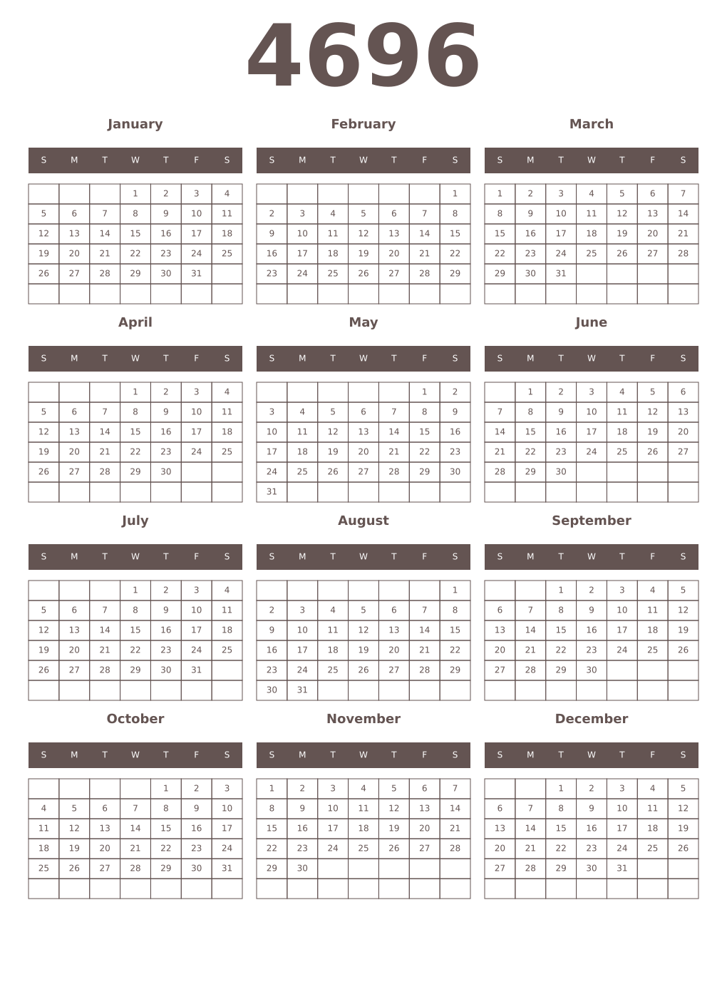 Printable 4696 Year Calendars wenge