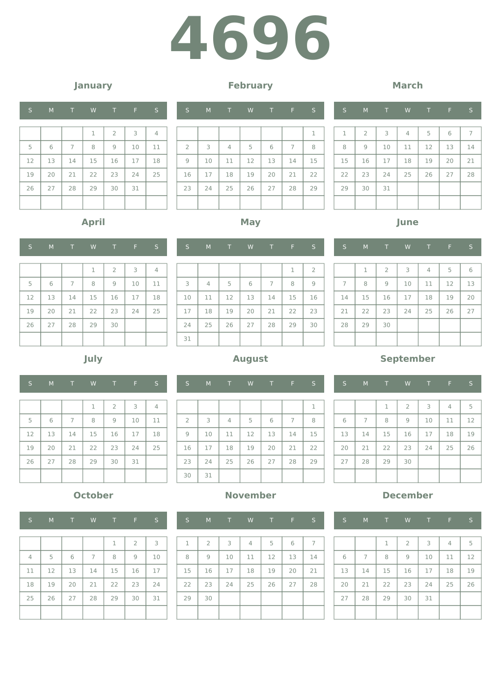 Printable 4696 Year Calendars xanadu