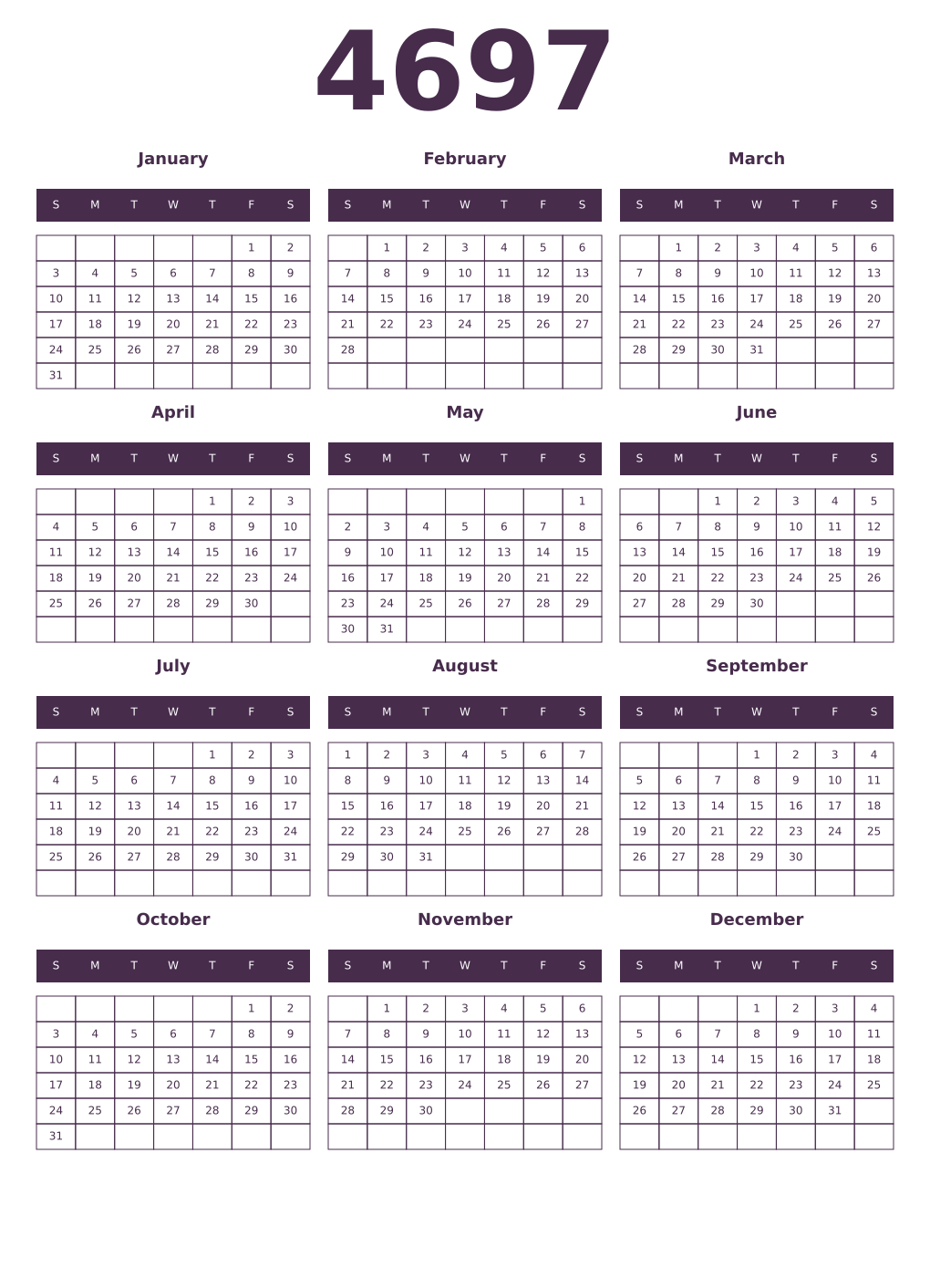 Printable 4697 Year Calendars aubergine