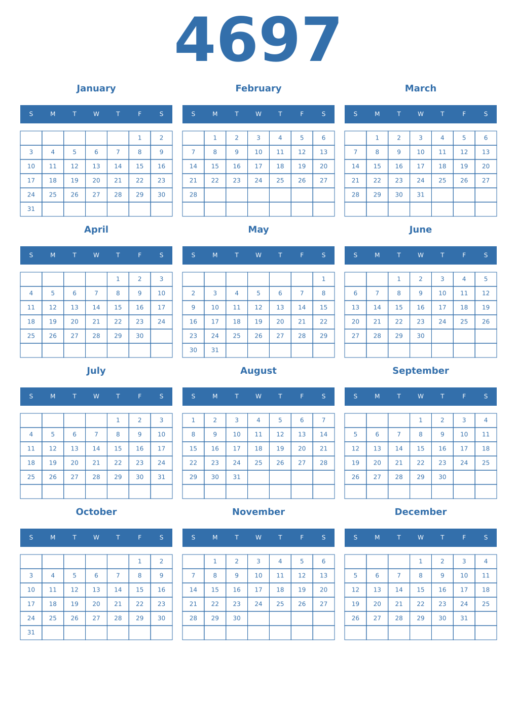 Printable 4697 Year Calendars blue