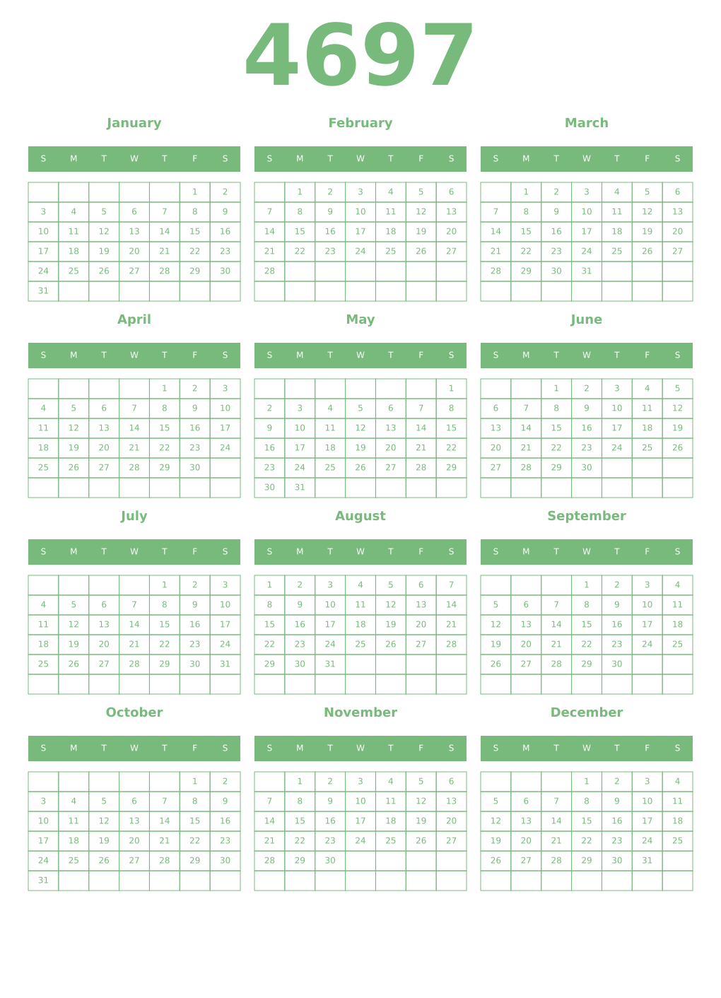 Printable 4697 Year Calendars celadon