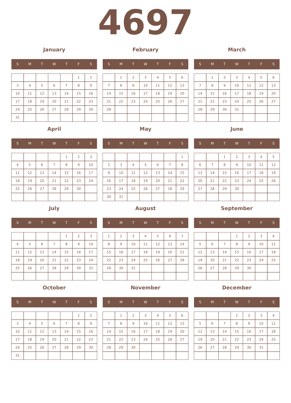 Printable 4697 Year Calendars coffe
