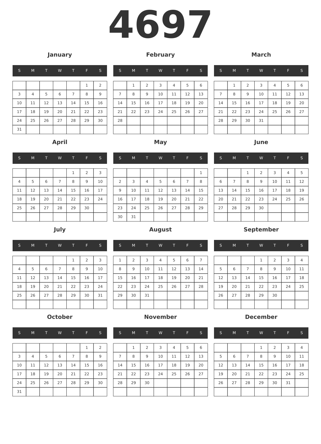 Printable 4697 Year Calendars dark