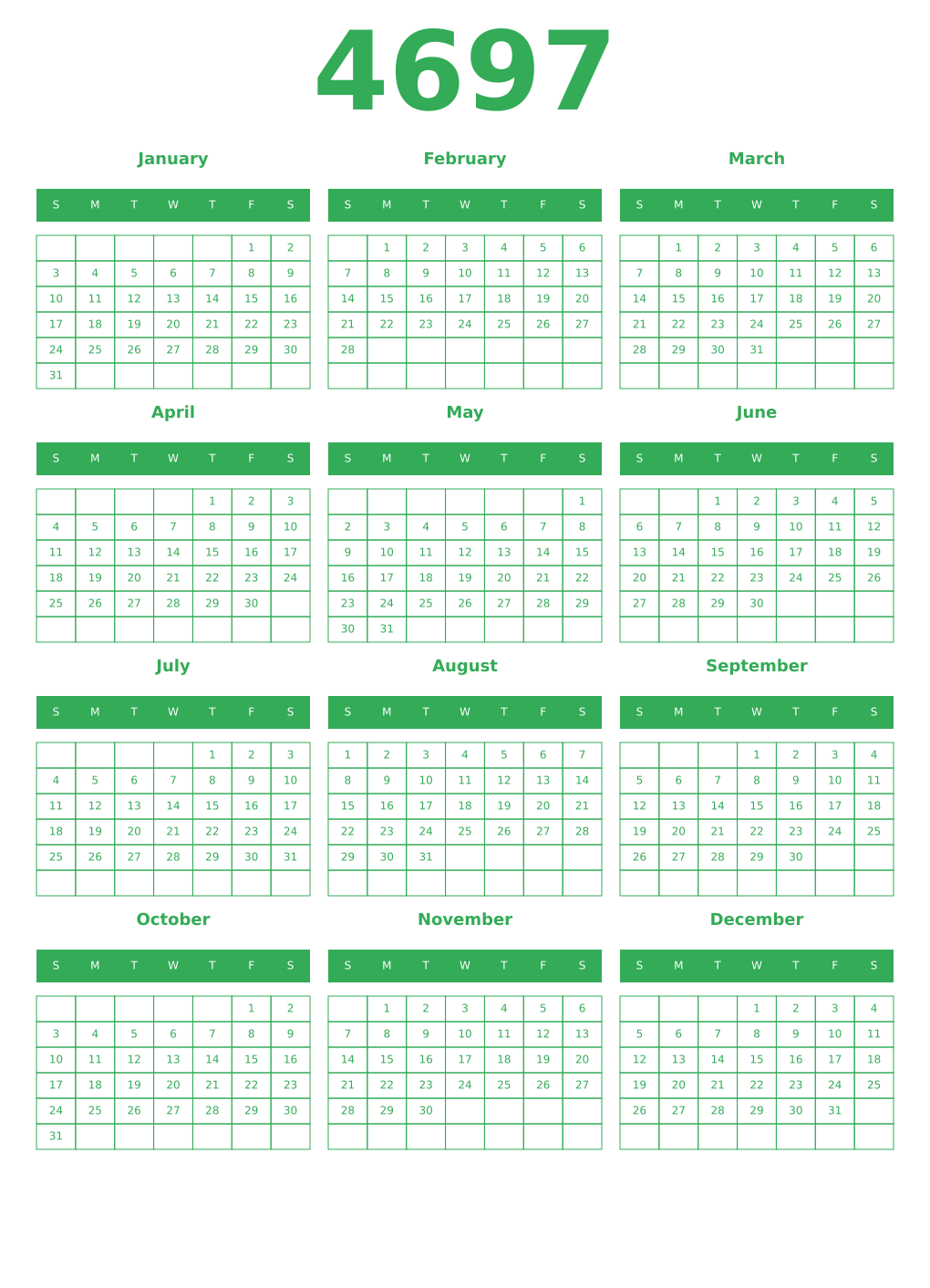 Printable 4697 Year Calendars green