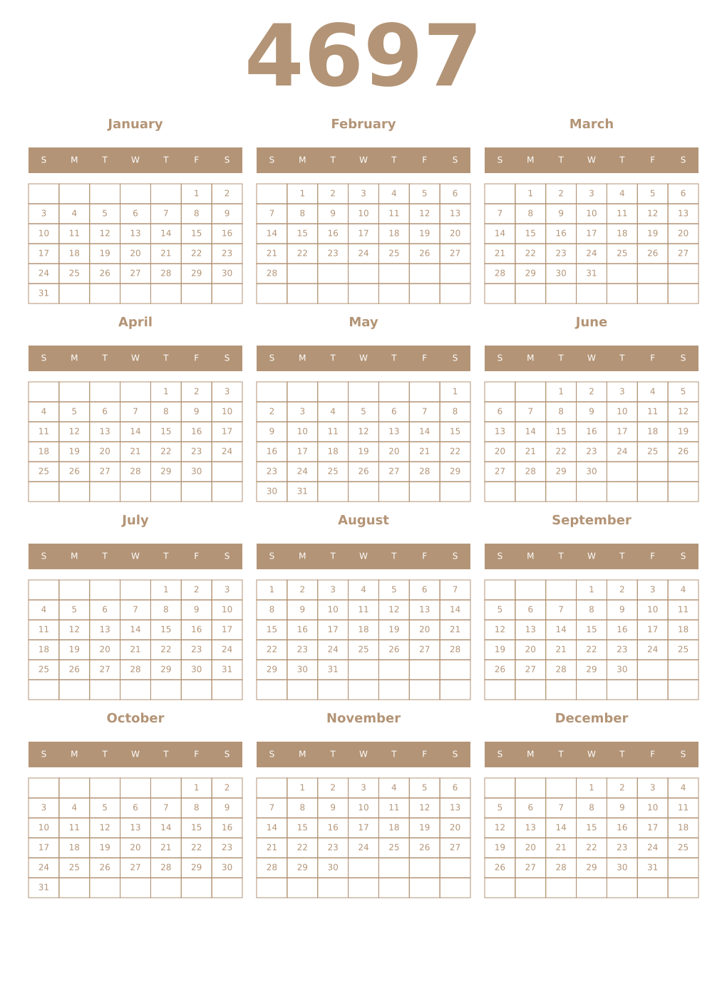 Printable 4697 Year Calendars isabelline