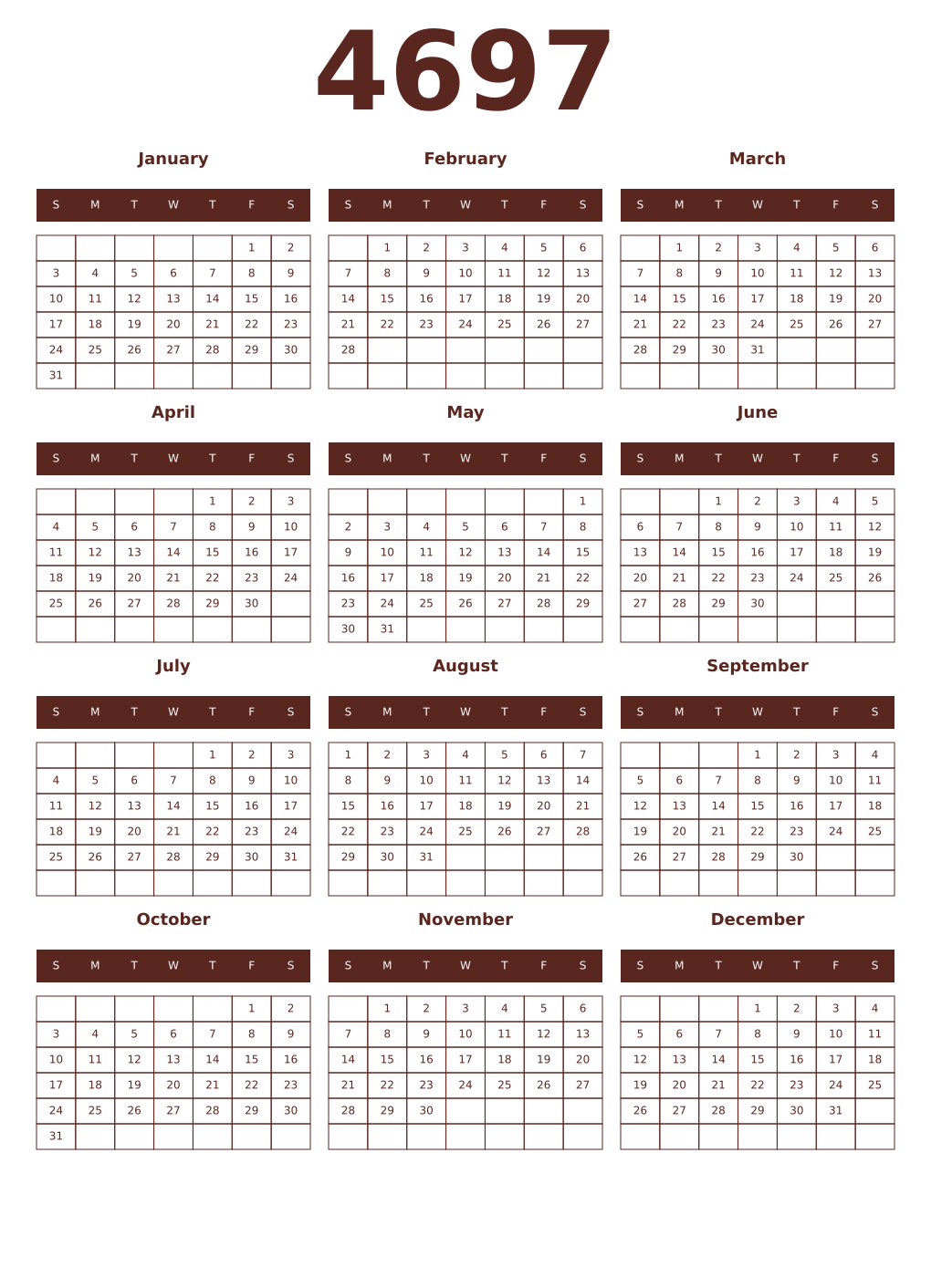 Printable 4697 Year Calendars mortuum