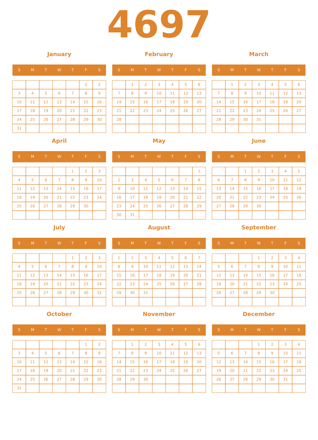 Printable 4697 Year Calendars orange