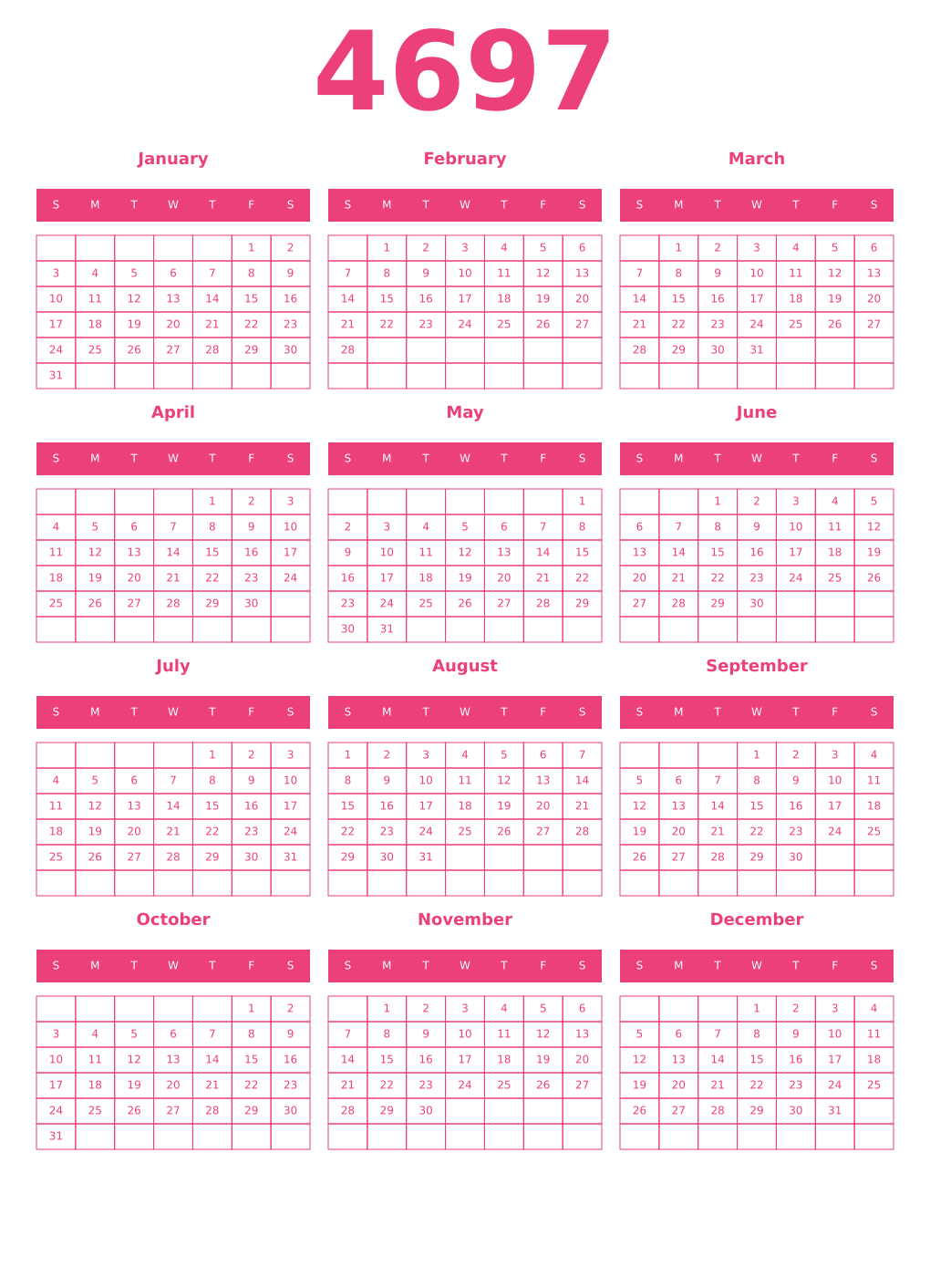 Printable 4697 Year Calendars pink