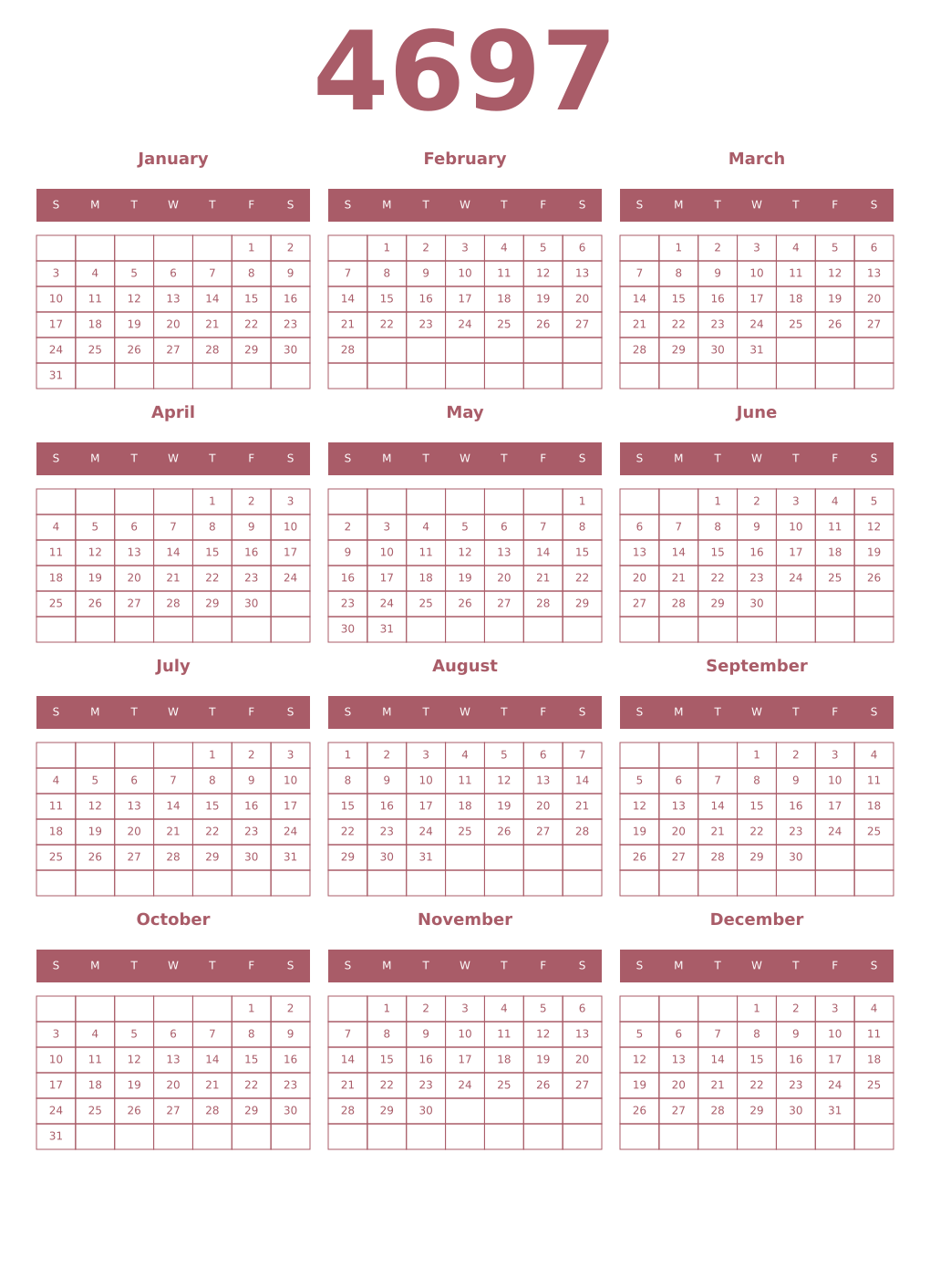 Printable 4697 Year Calendars puce