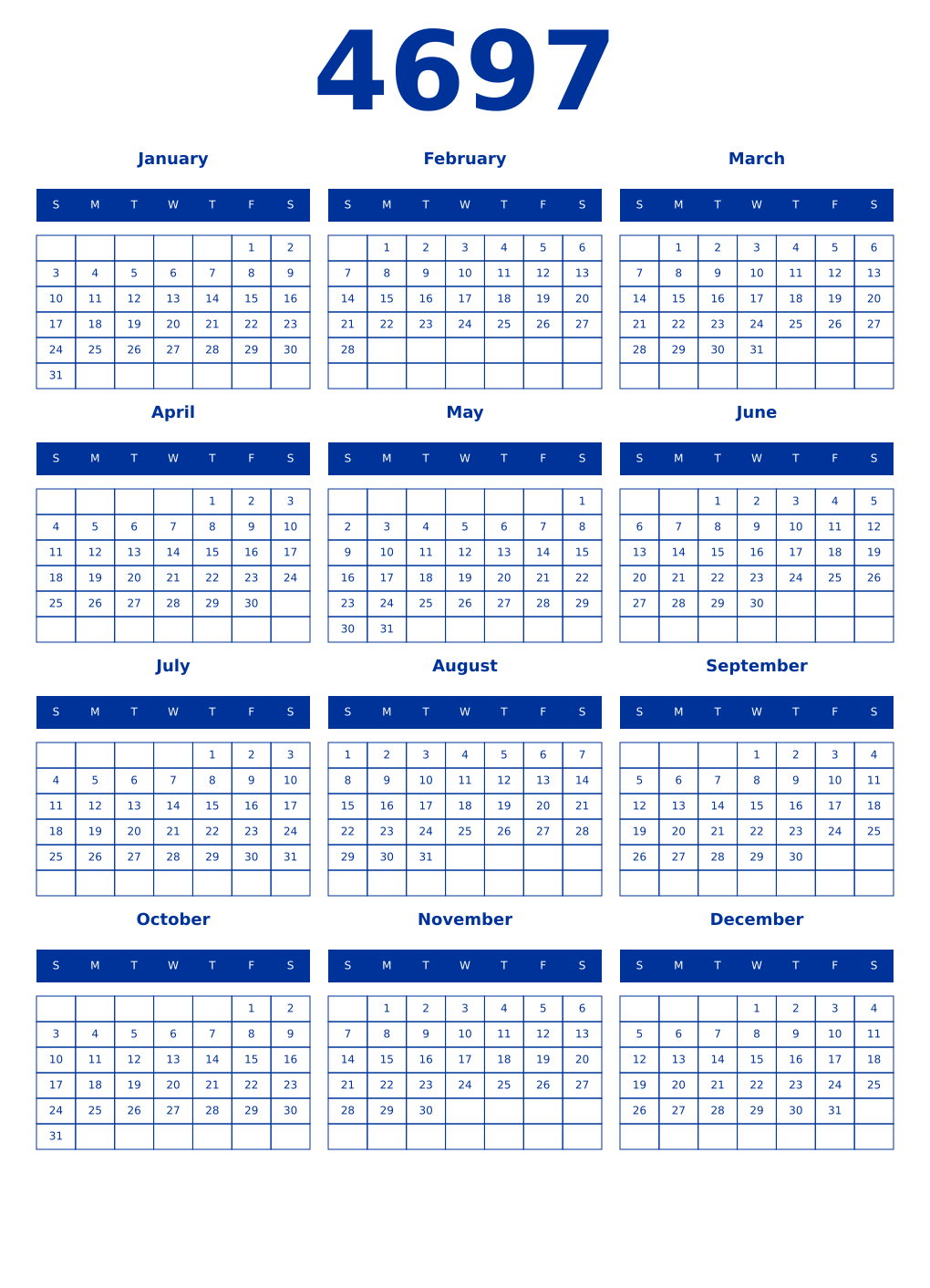 Printable 4697 Year Calendars smalt