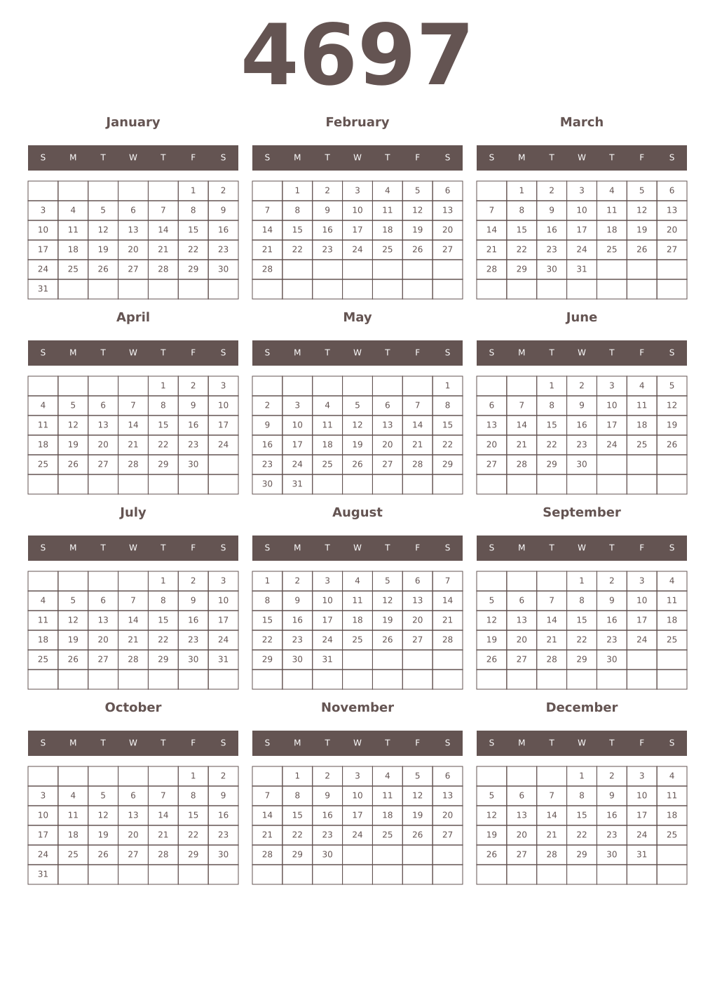 Printable 4697 Year Calendars wenge