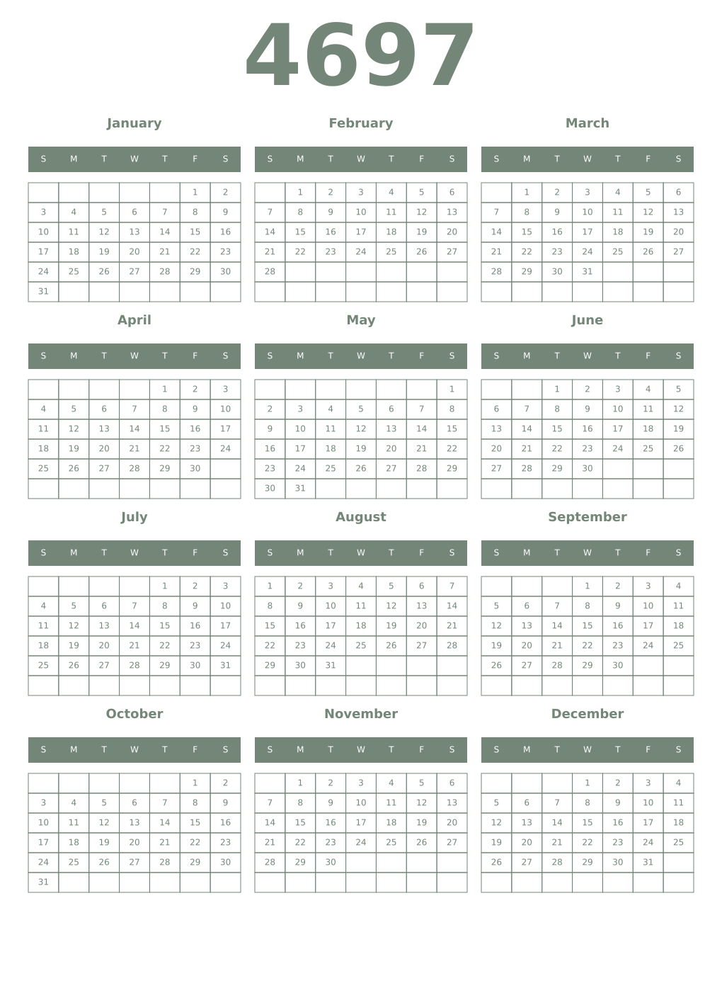 Printable 4697 Year Calendars xanadu