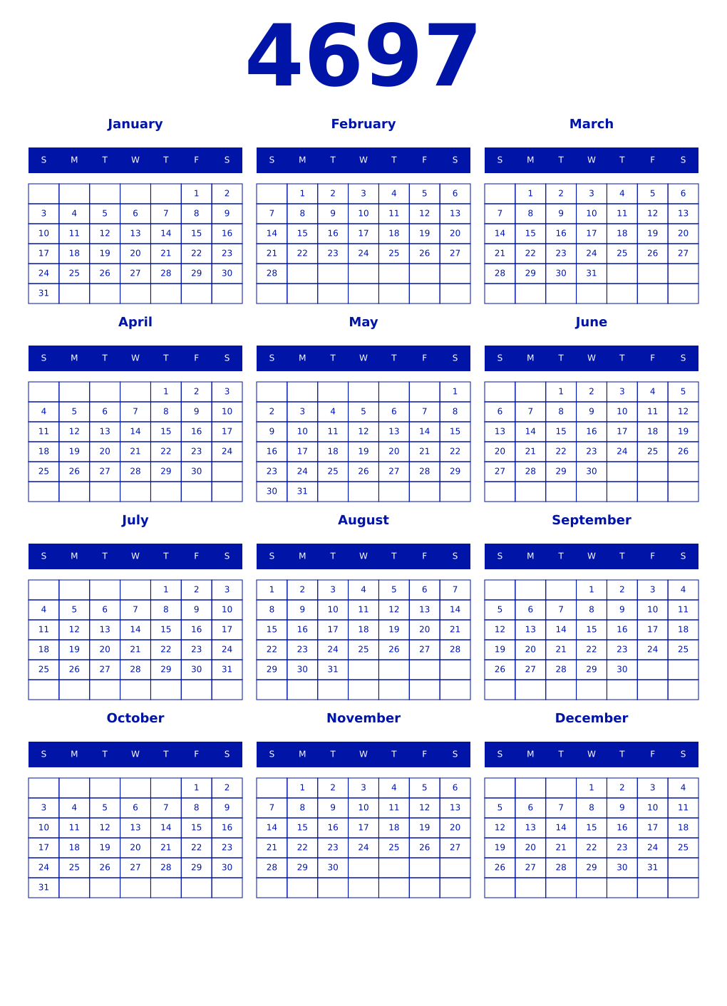 Printable 4697 Year Calendars zaffre