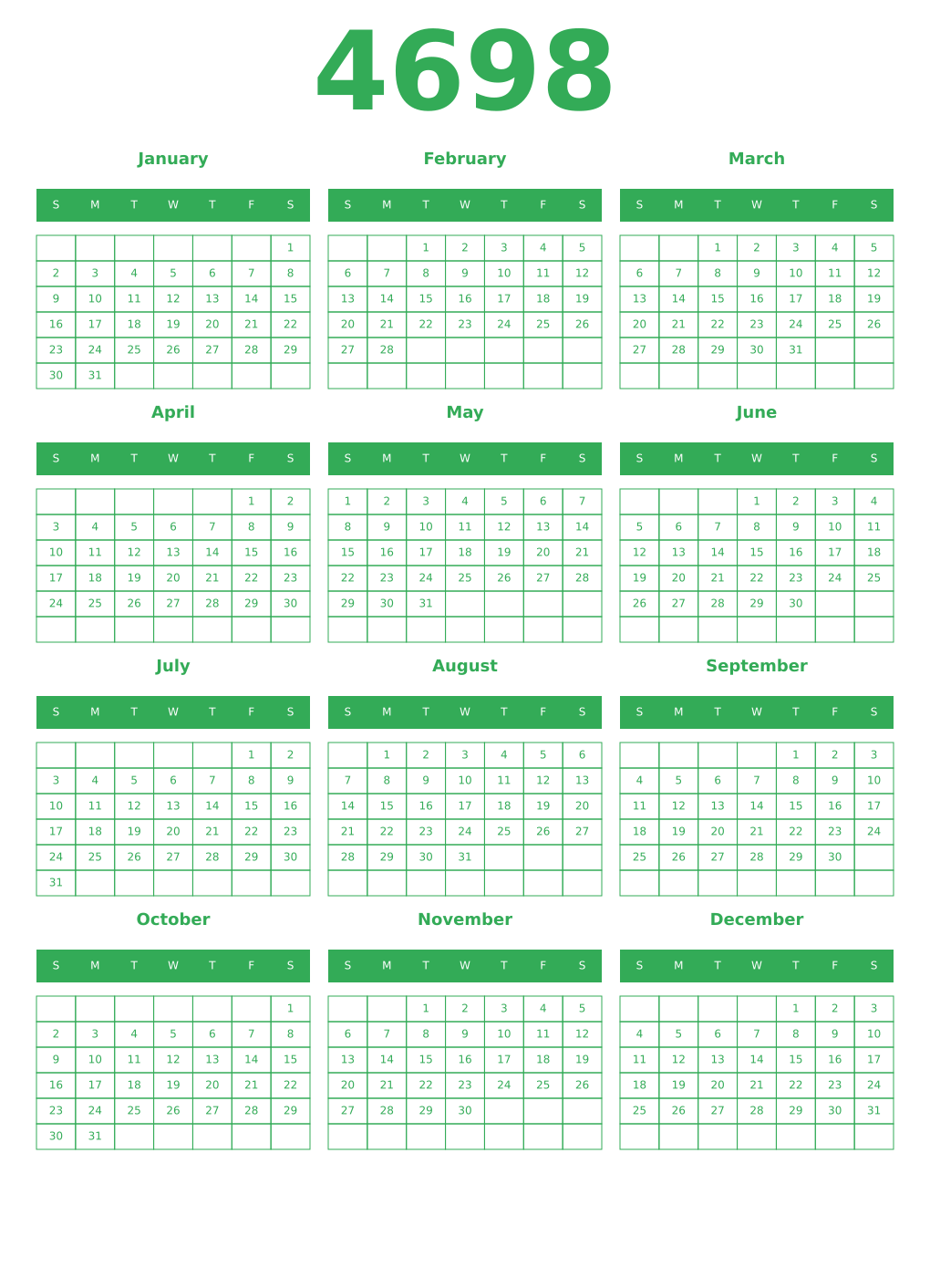Printable 4698 Year Calendars green