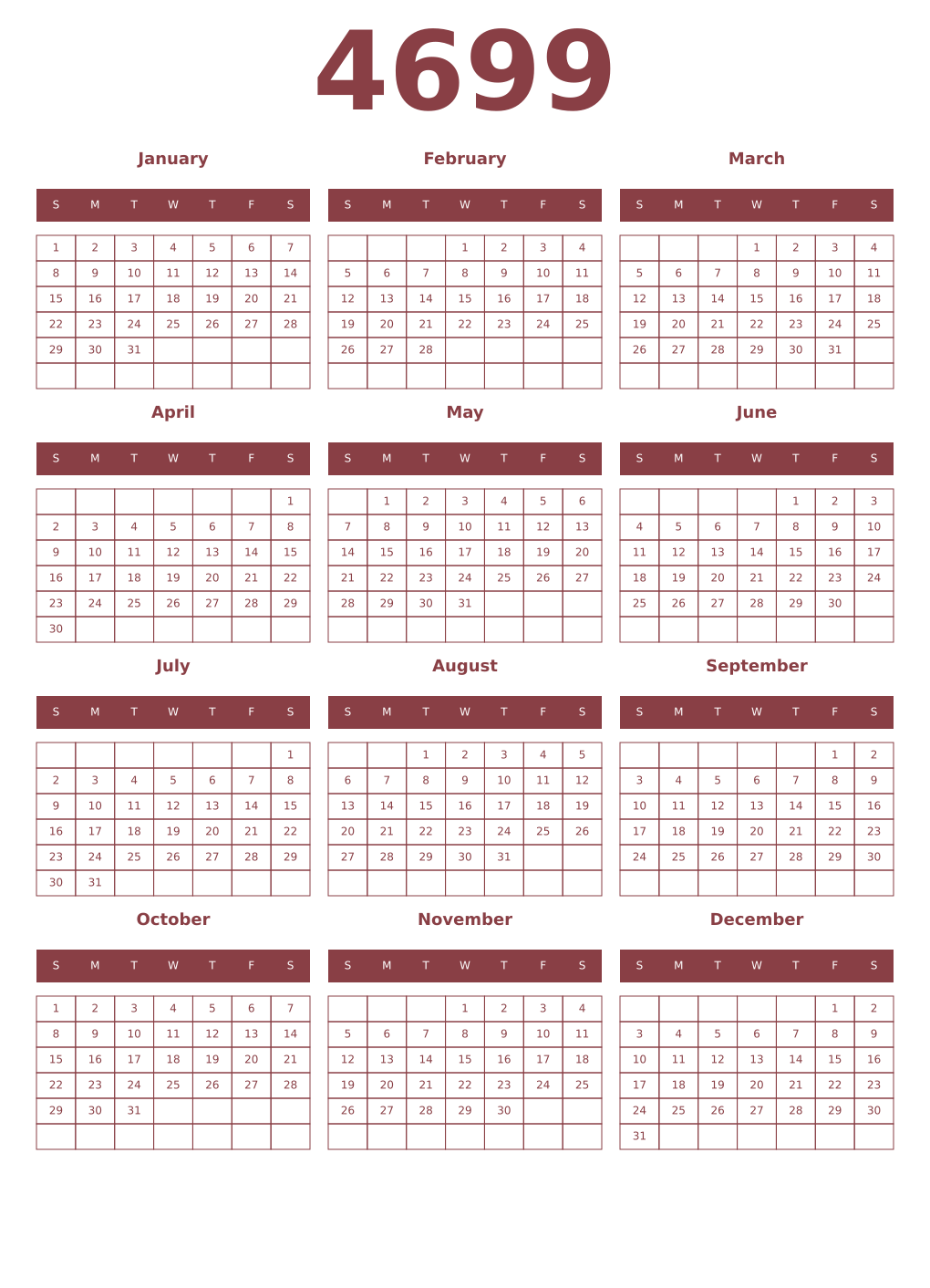 Printable 4699 Year Calendars cordovan