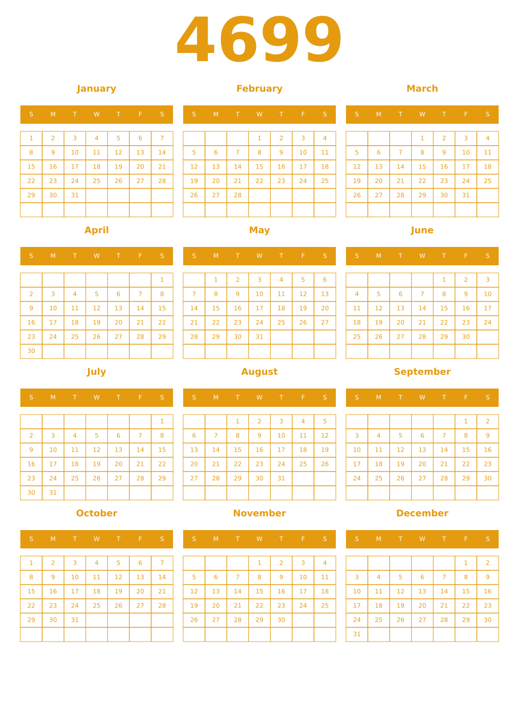 Printable 4699 Year Calendars gamboge