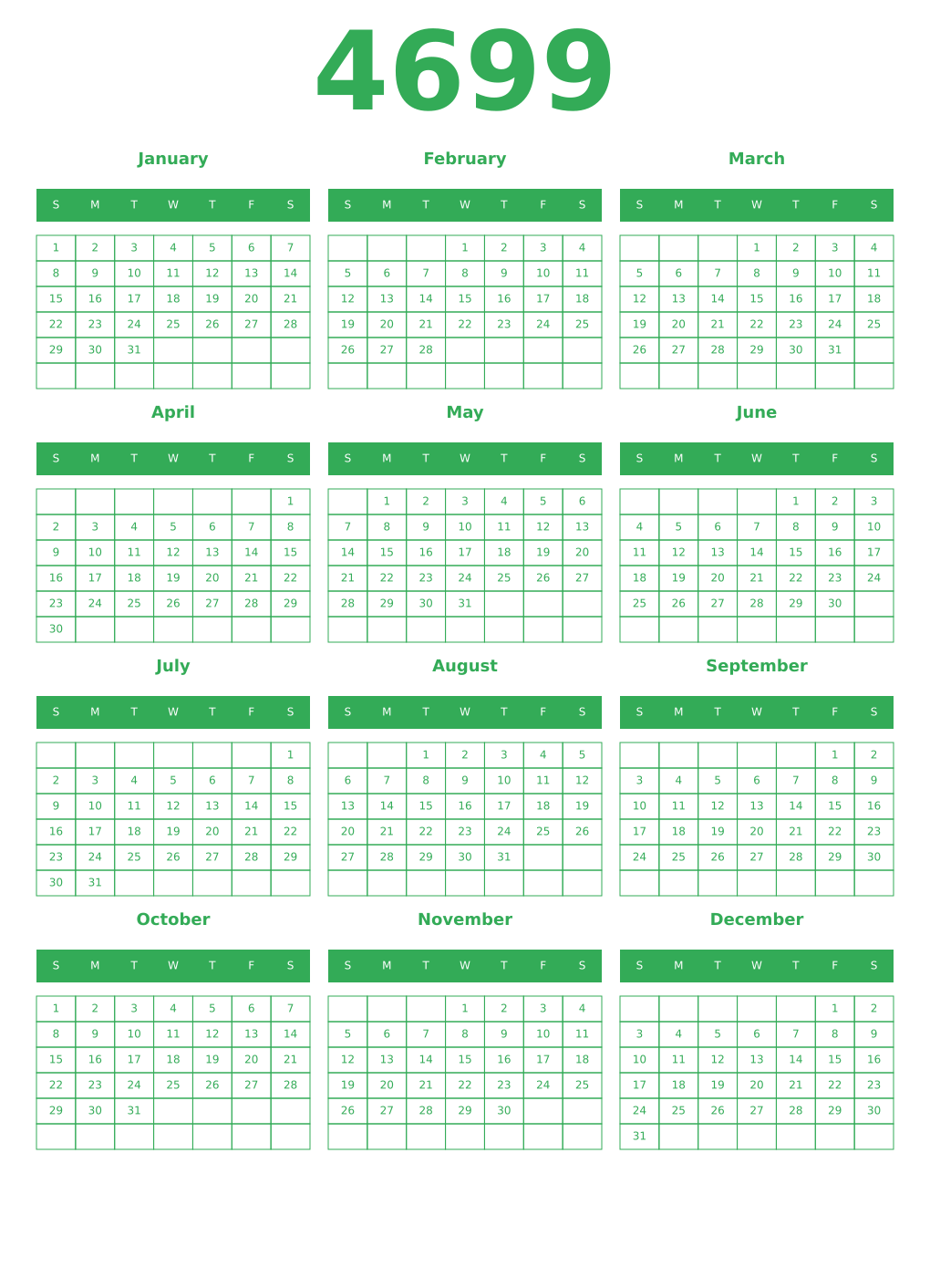 Printable 4699 Year Calendars green