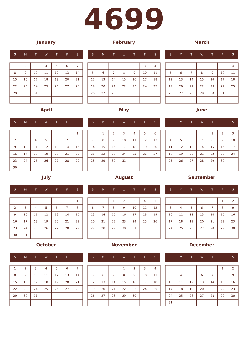 Printable 4699 Year Calendars mortuum