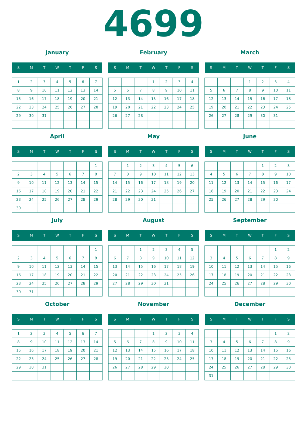 Printable 4699 Year Calendars pastel