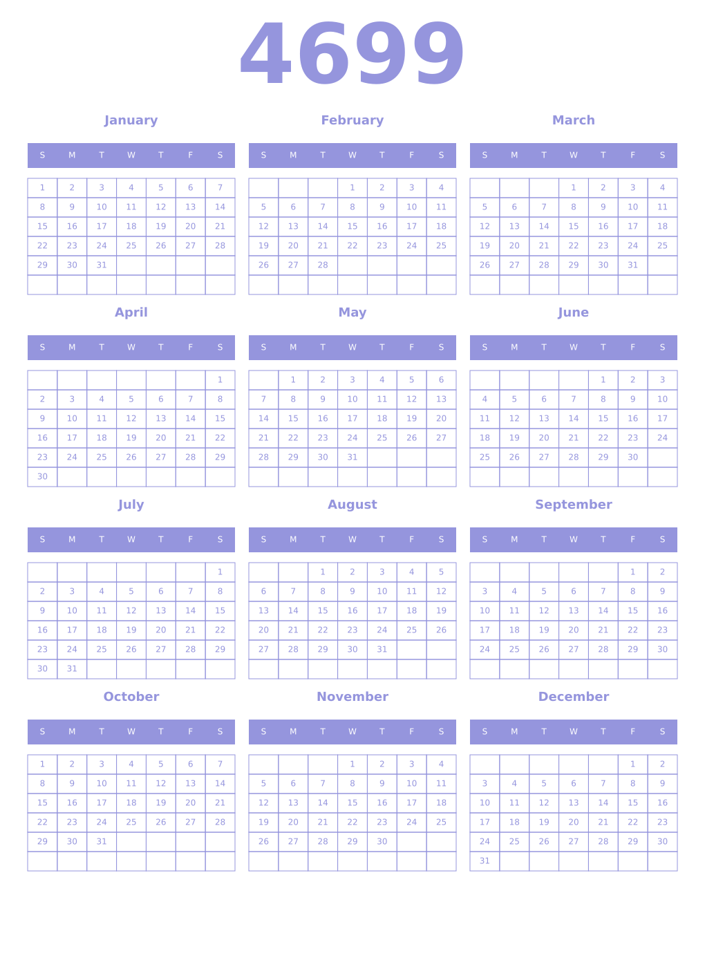 Printable 4699 Year Calendars periwinkle