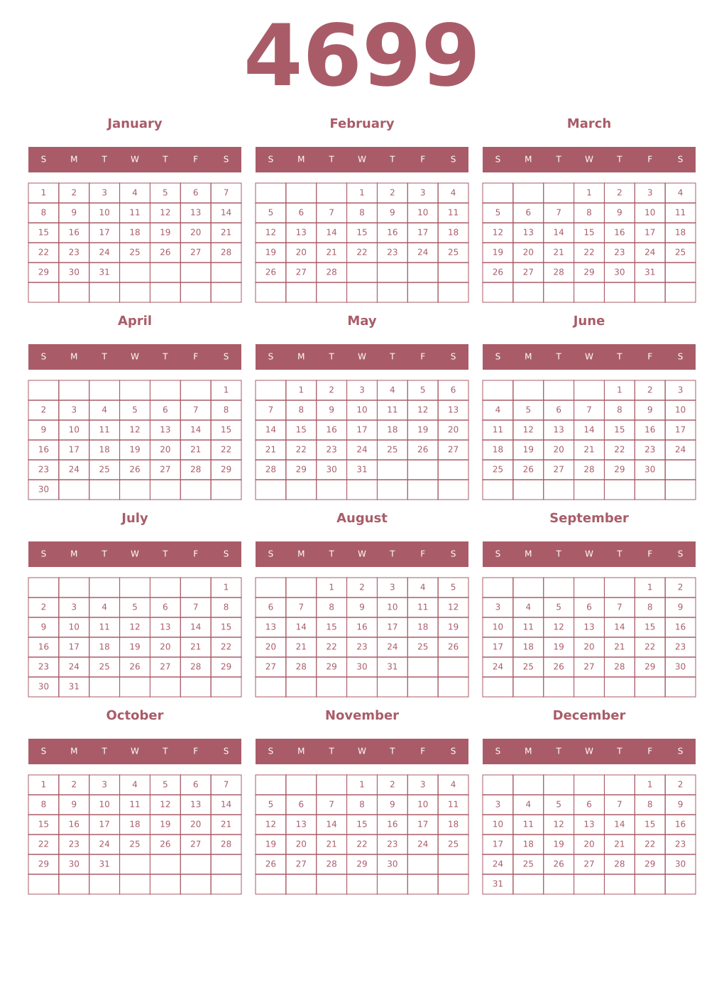 Printable 4699 Year Calendars puce