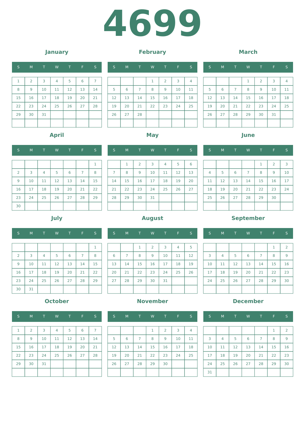 Printable 4699 Year Calendars viridian