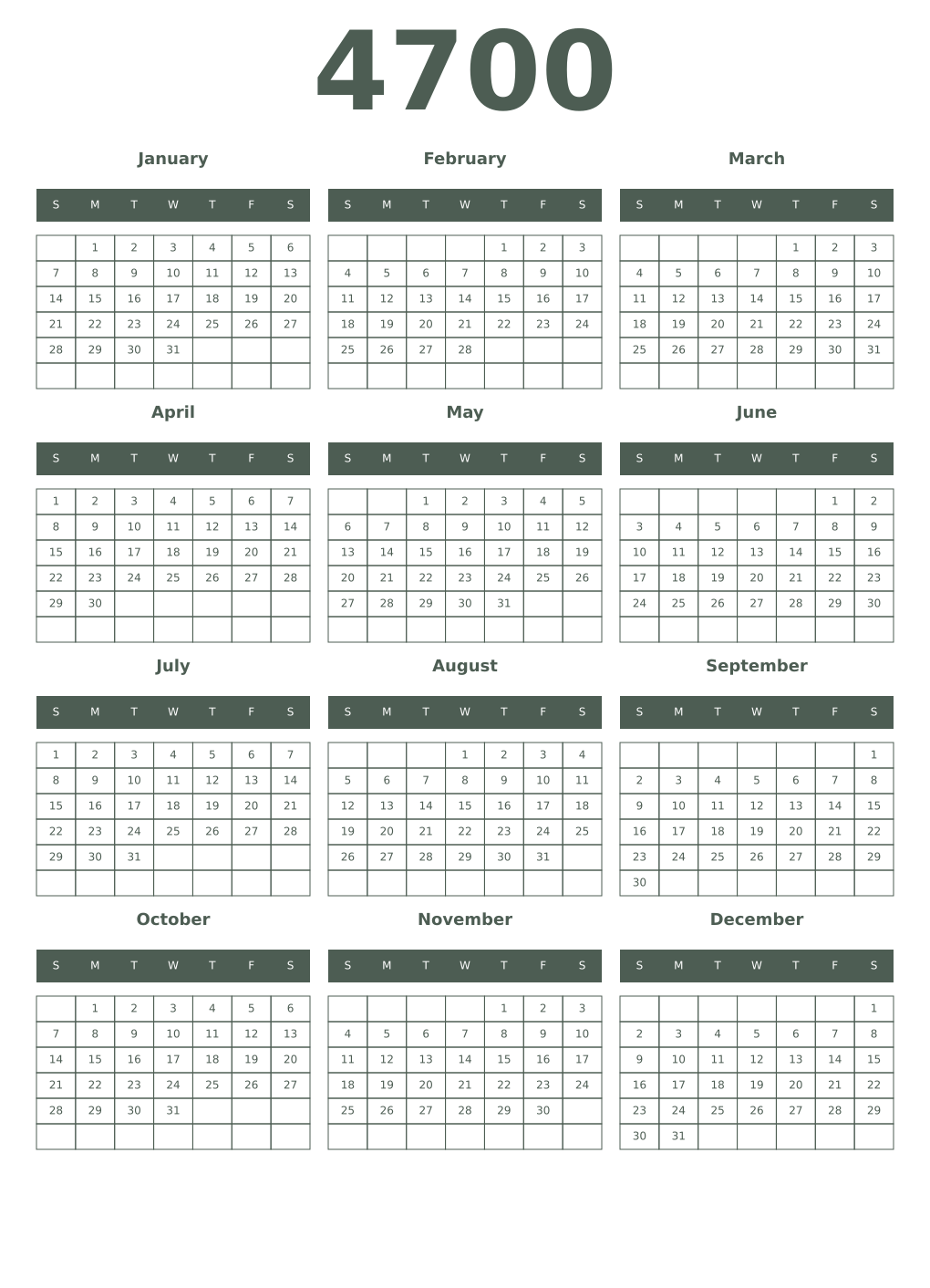 Printable 4700 Year Calendars feldgrau