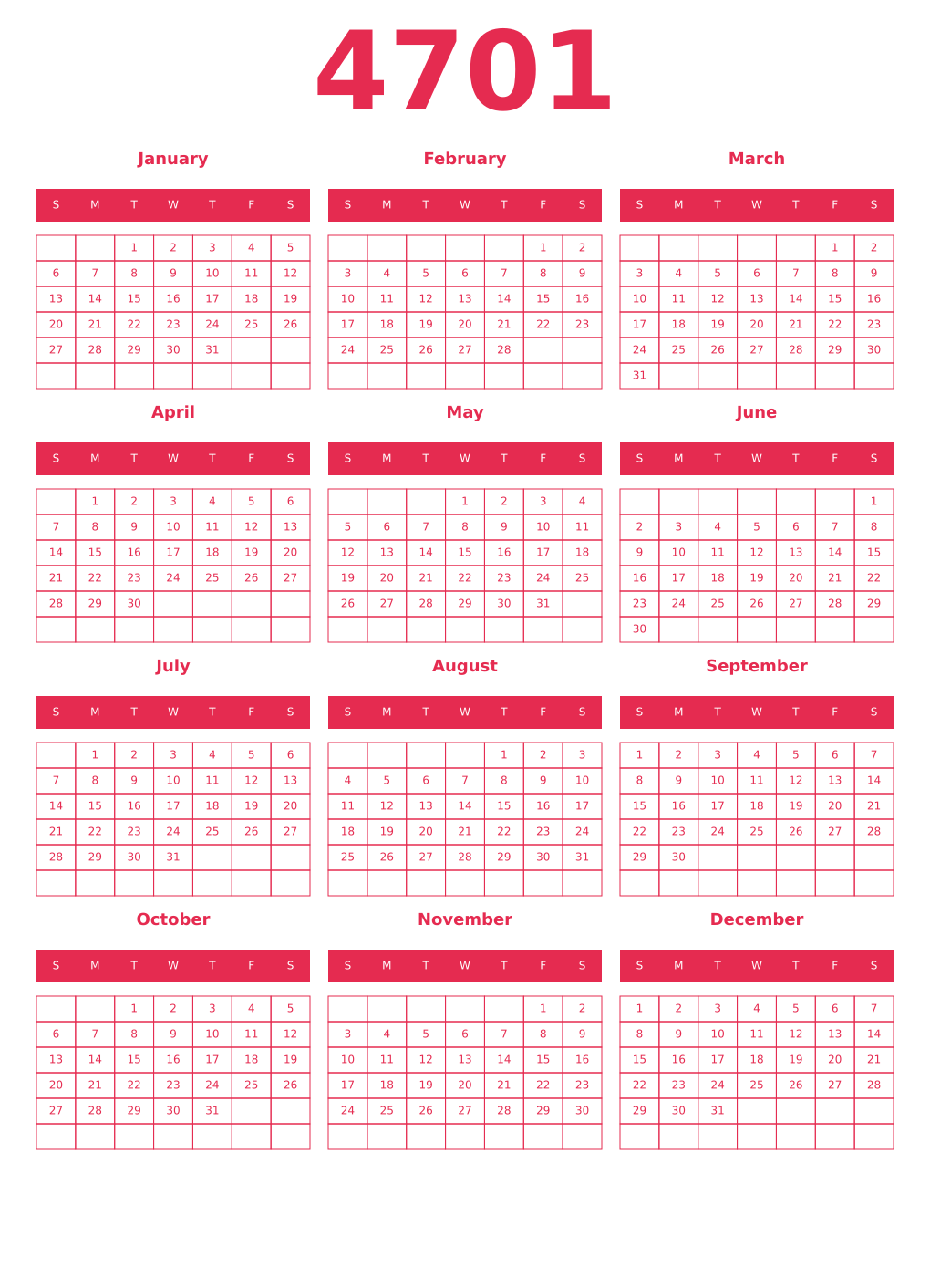 Printable 4701 Year Calendars amaranth