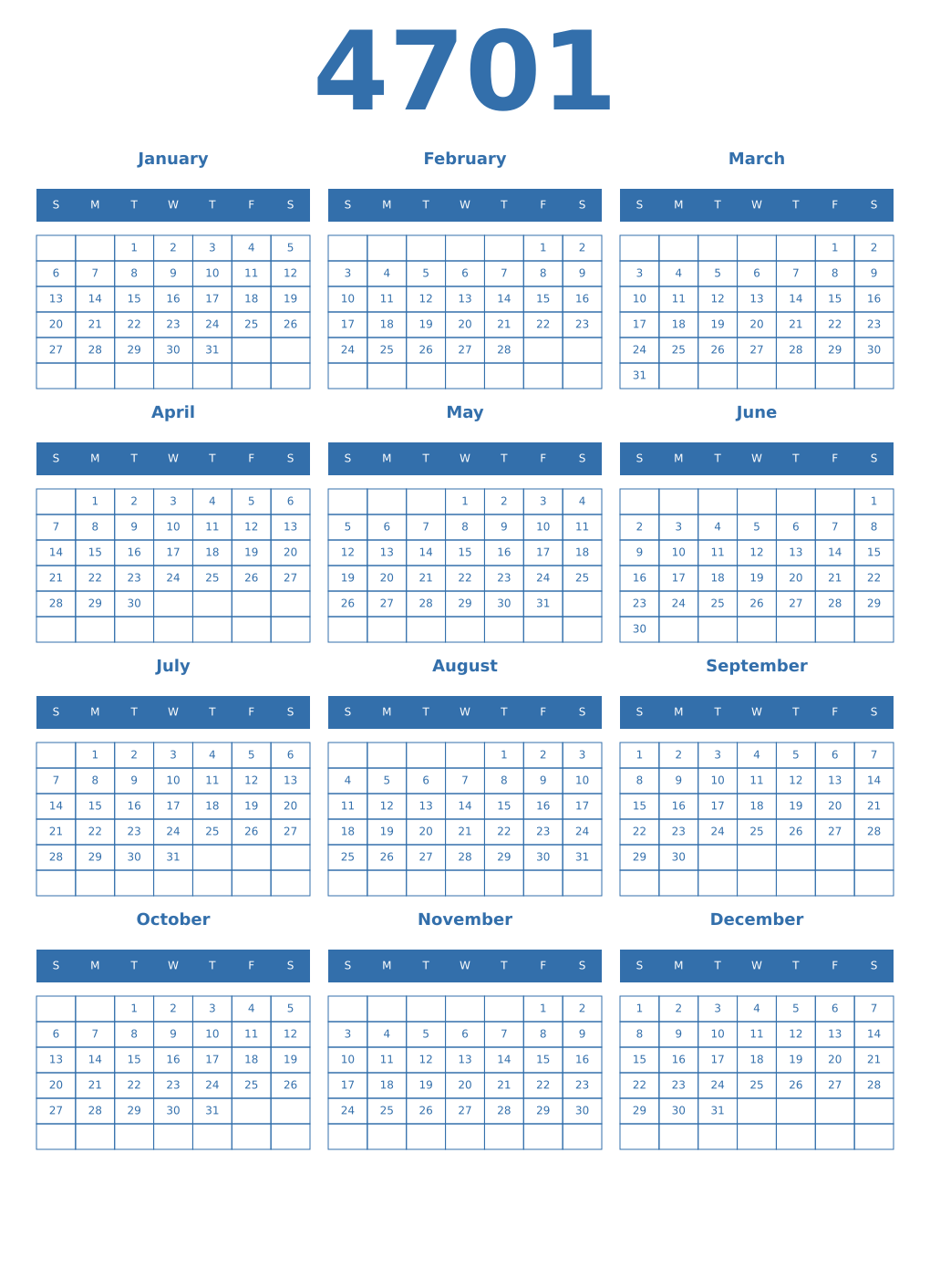 Printable 4701 Year Calendars blue