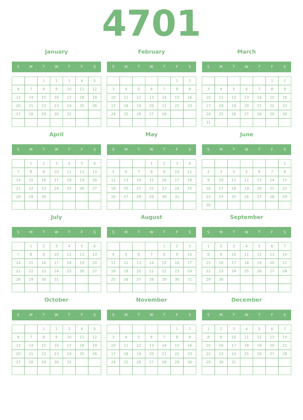 Printable 4701 Year Calendars celadon