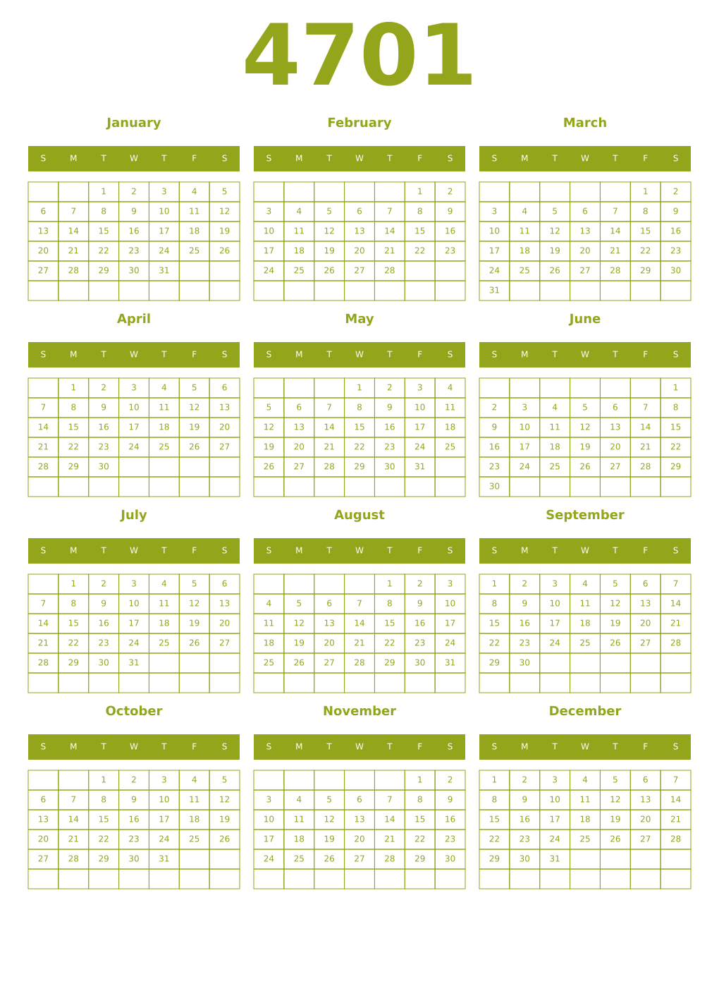 Printable 4701 Year Calendars chartreuse