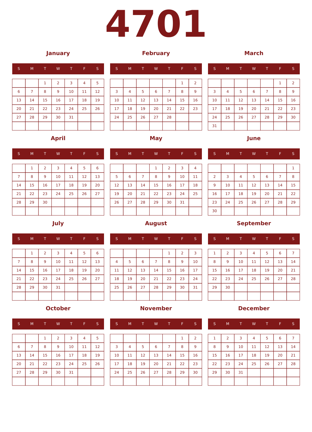 Printable 4701 Year Calendars falu
