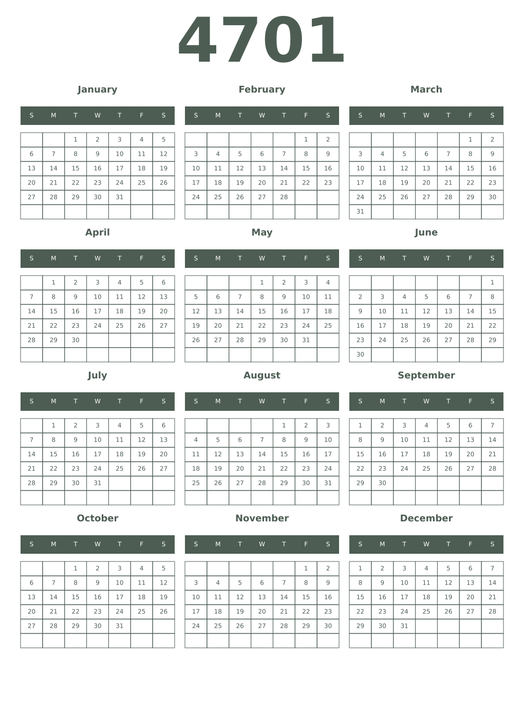 Printable 4701 Year Calendars feldgrau