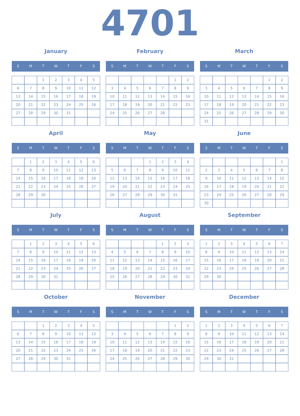 Printable 4701 Year Calendars glaucous