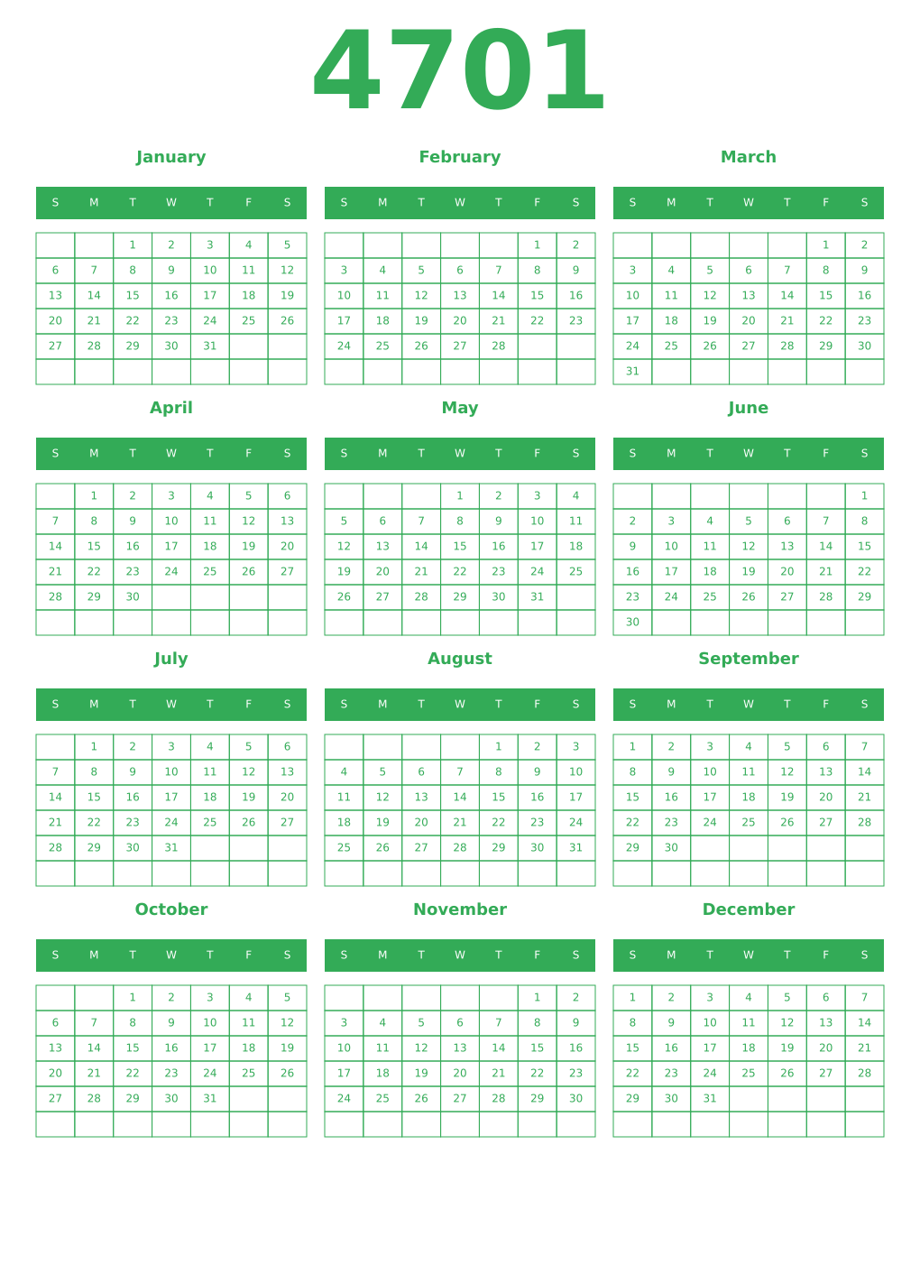 Printable 4701 Year Calendars green