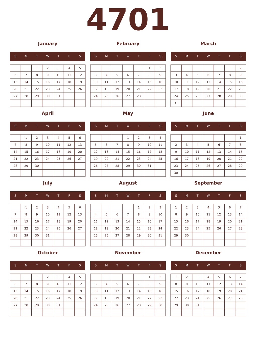 Printable 4701 Year Calendars mortuum