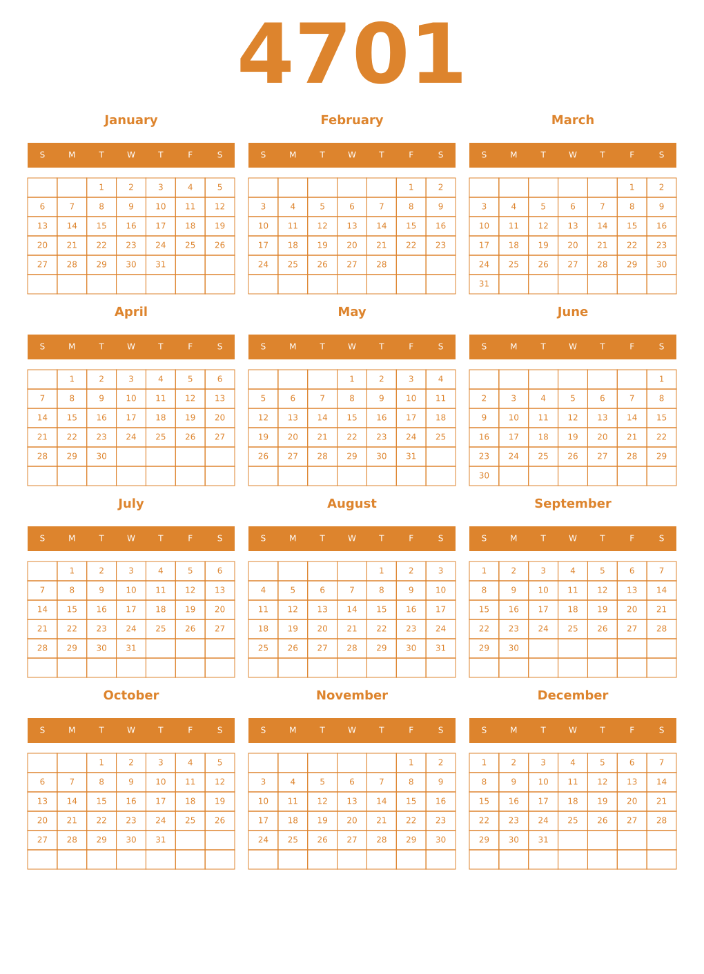 Printable 4701 Year Calendars orange