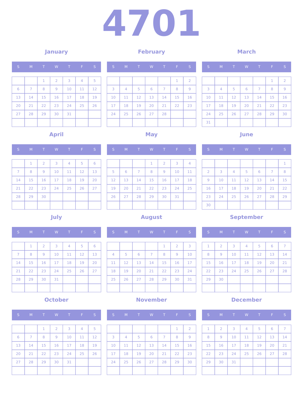 Printable 4701 Year Calendars periwinkle