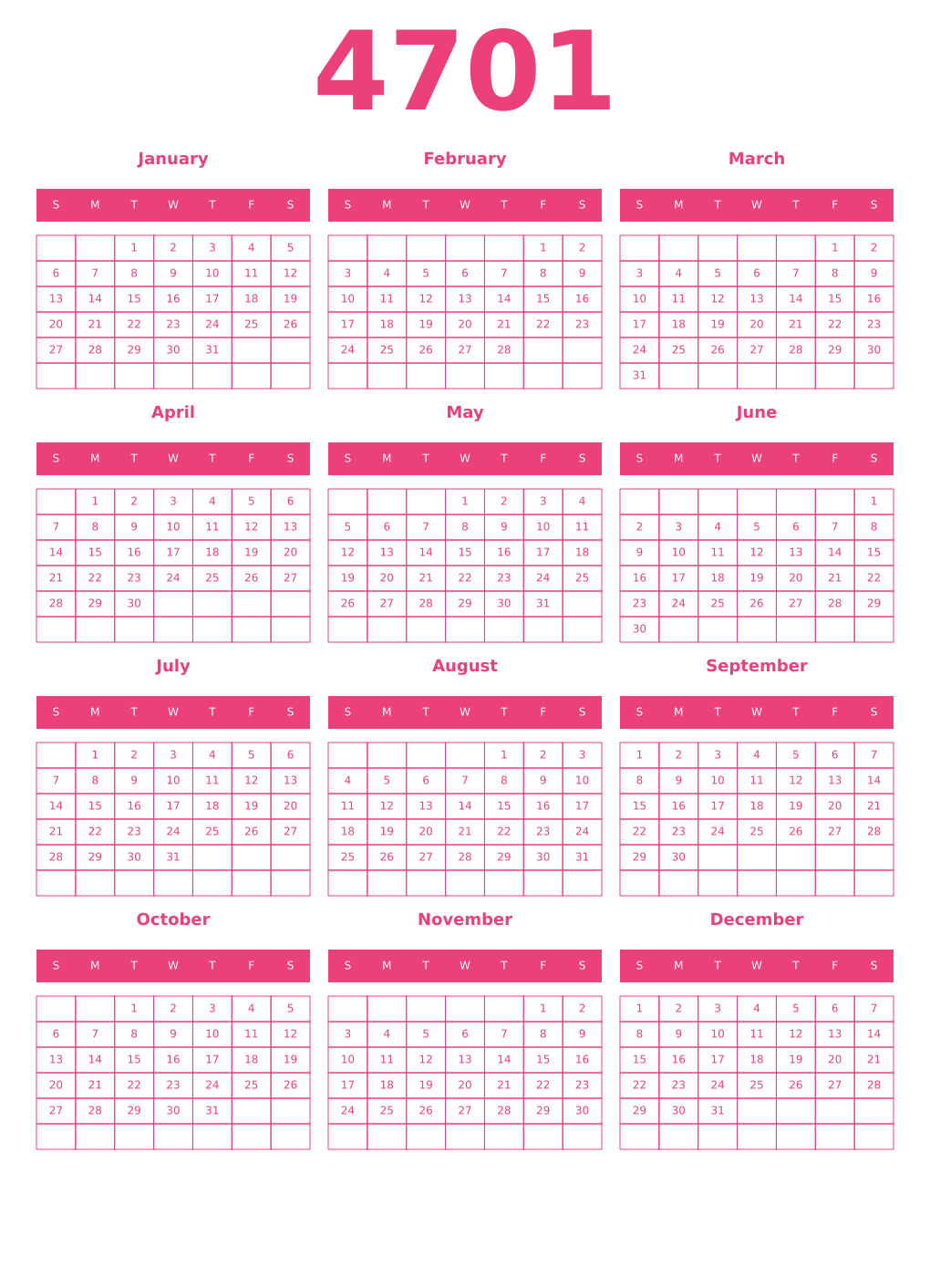 Printable 4701 Year Calendars pink