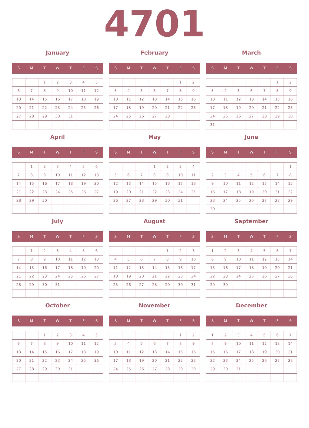 Printable 4701 Year Calendars puce