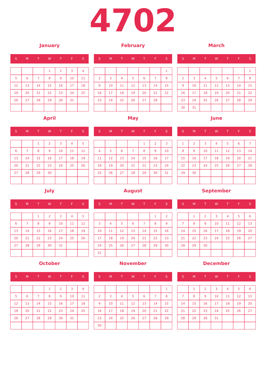 Printable 4702 Year Calendars amaranth